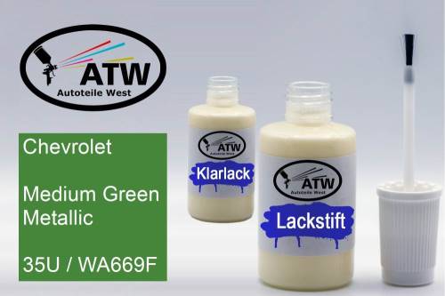 Chevrolet, Medium Green Metallic, 35U / WA669F: 20ml Lackstift + 20ml Klarlack - Set, von ATW Autoteile West.